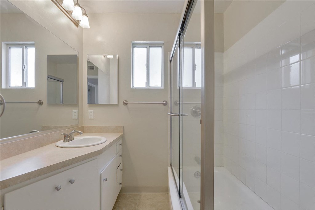 a bathroom with a sink and a shower