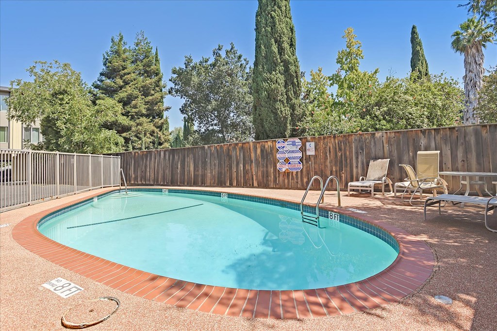 A  pool surrounded by a wooden fence and trees.