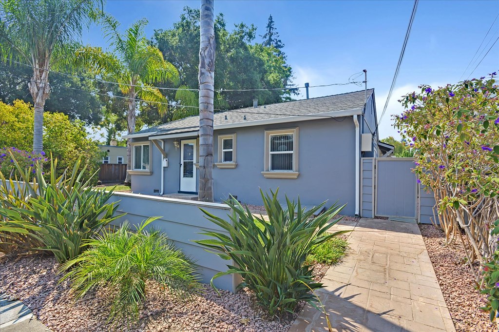 a blue house with a walkway and plants in front of it