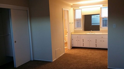 A bathroom with a sink and a mirror.