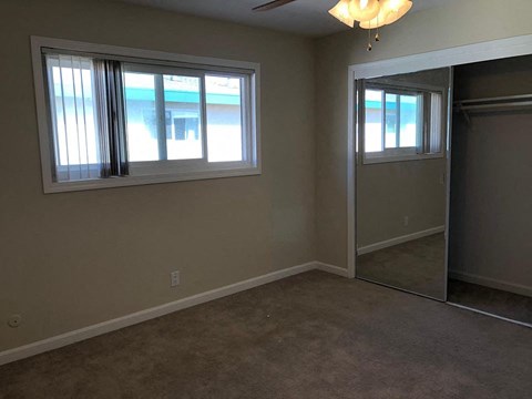 a living room with a mirrored closet and two windows