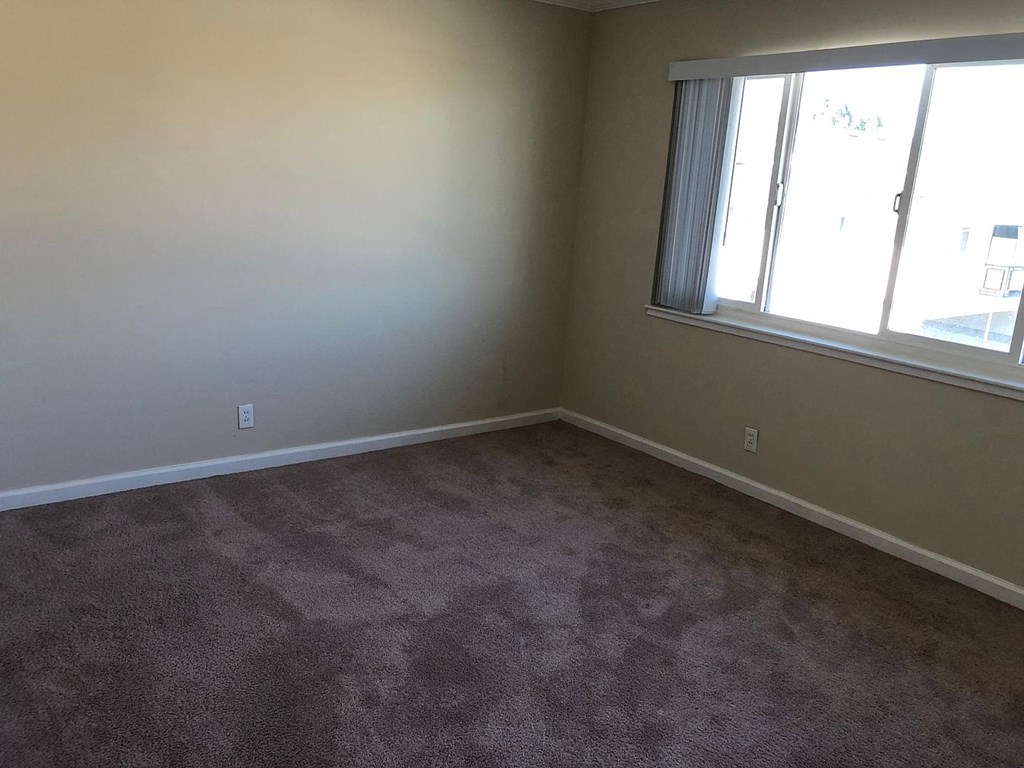 A room with a carpeted floor and a window.