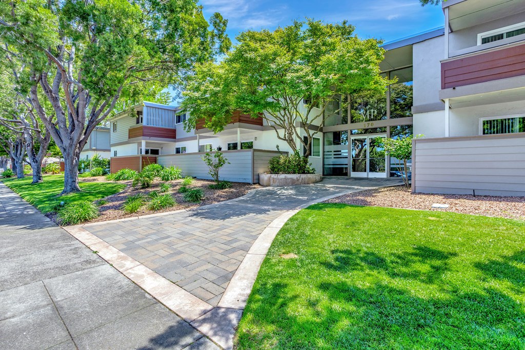A residential area with a tree and a building.