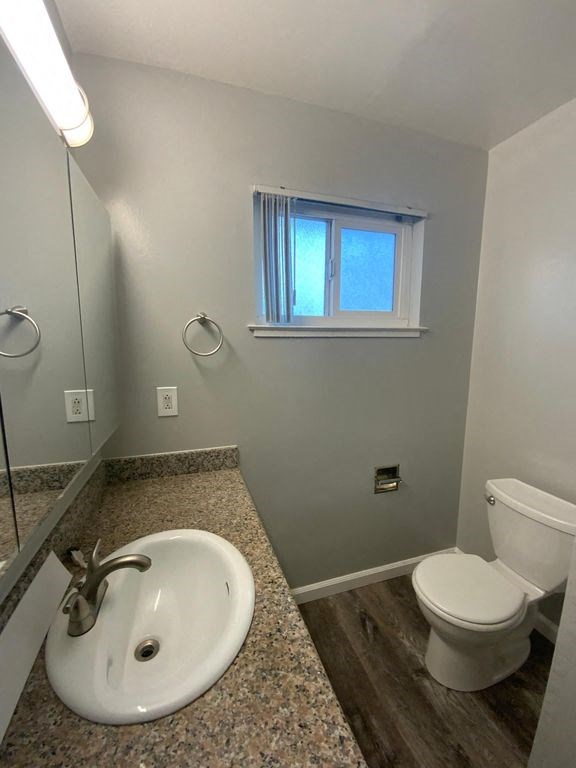 A bathroom with a toilet, sink, and mirror.