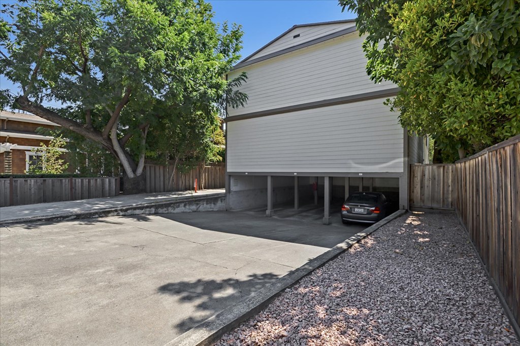 a garage with a car parked