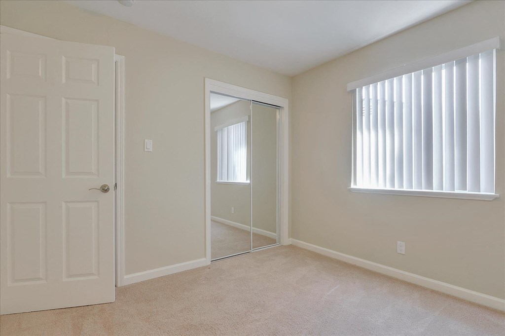 A white door is on the left of a room with a carpeted floor and a window with blinds.