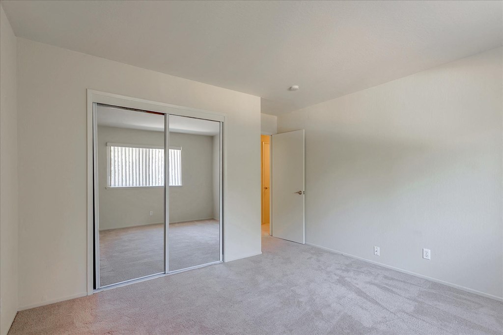 A room with a white wall and a carpeted floor.
