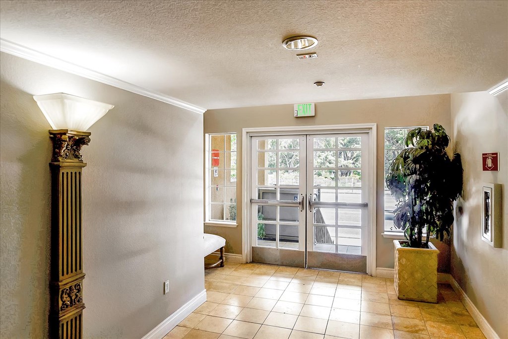 A hallway with a plant in a planter, a door with a glass panel and a fire extinguisher on the wall.