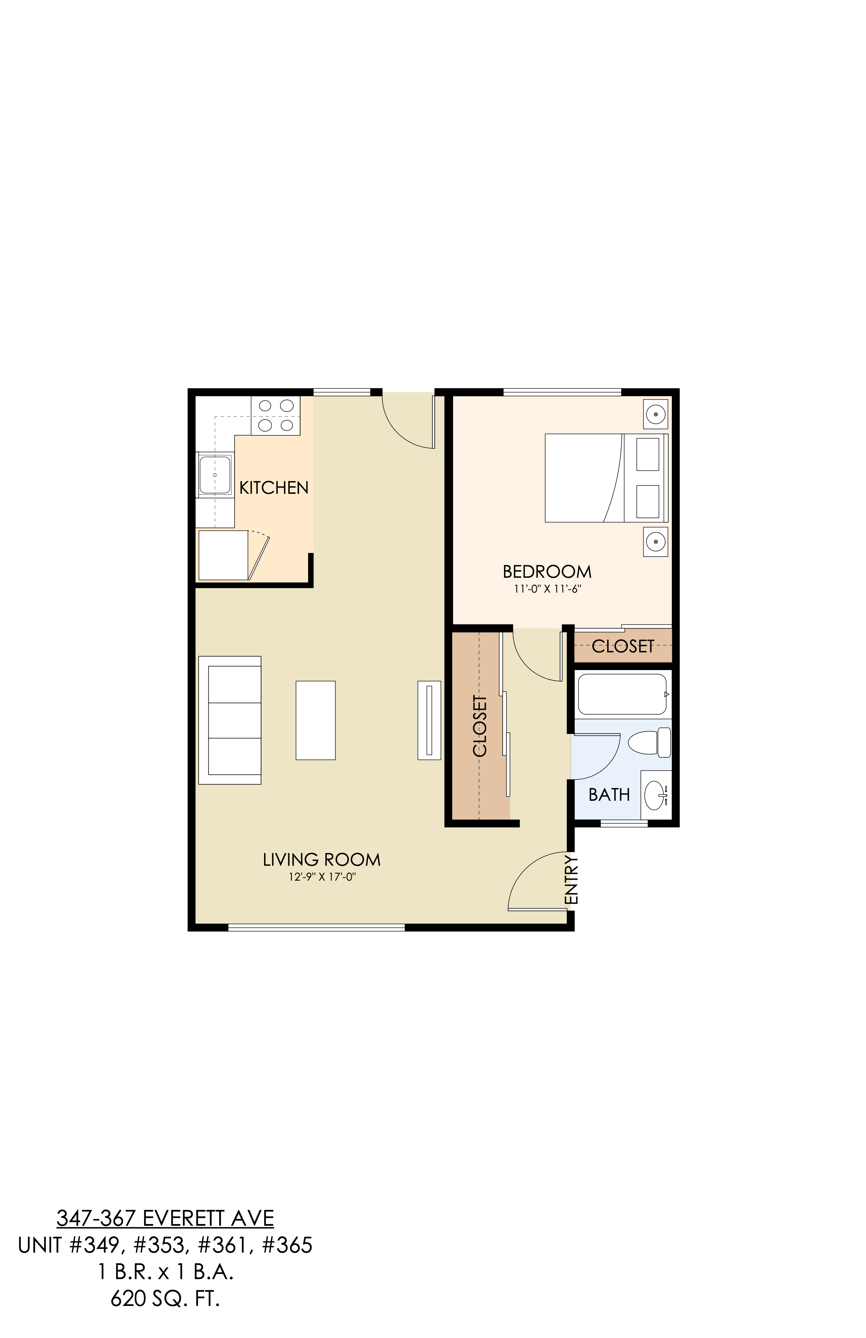 A floor plan of an apartment at 347-367 Everett Ave, Unit #349, #353, #361, #365, 159 S 31