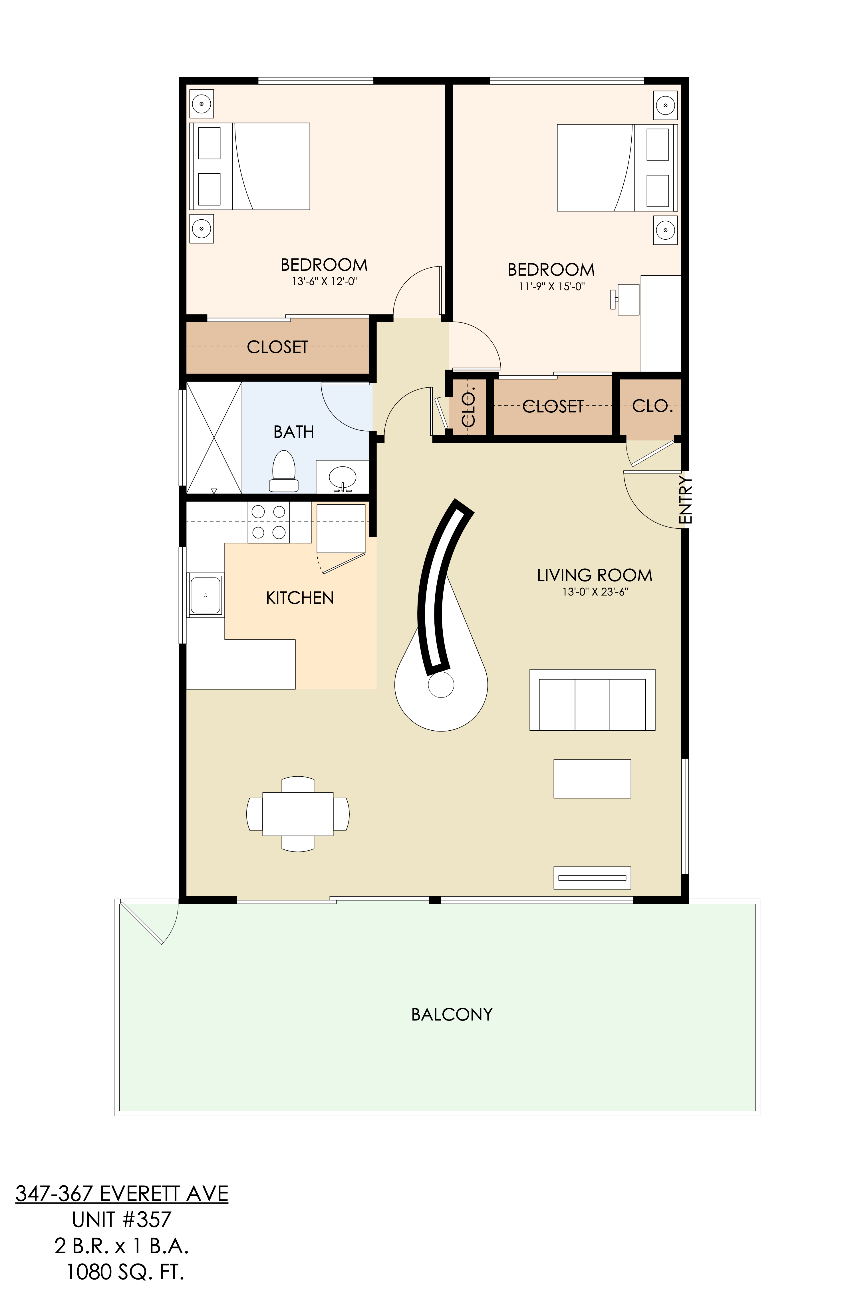 A floor plan of an apartment at 347-367 Everett Ave, with two bedrooms, a living room, kitchen, bathroom, and balcony.