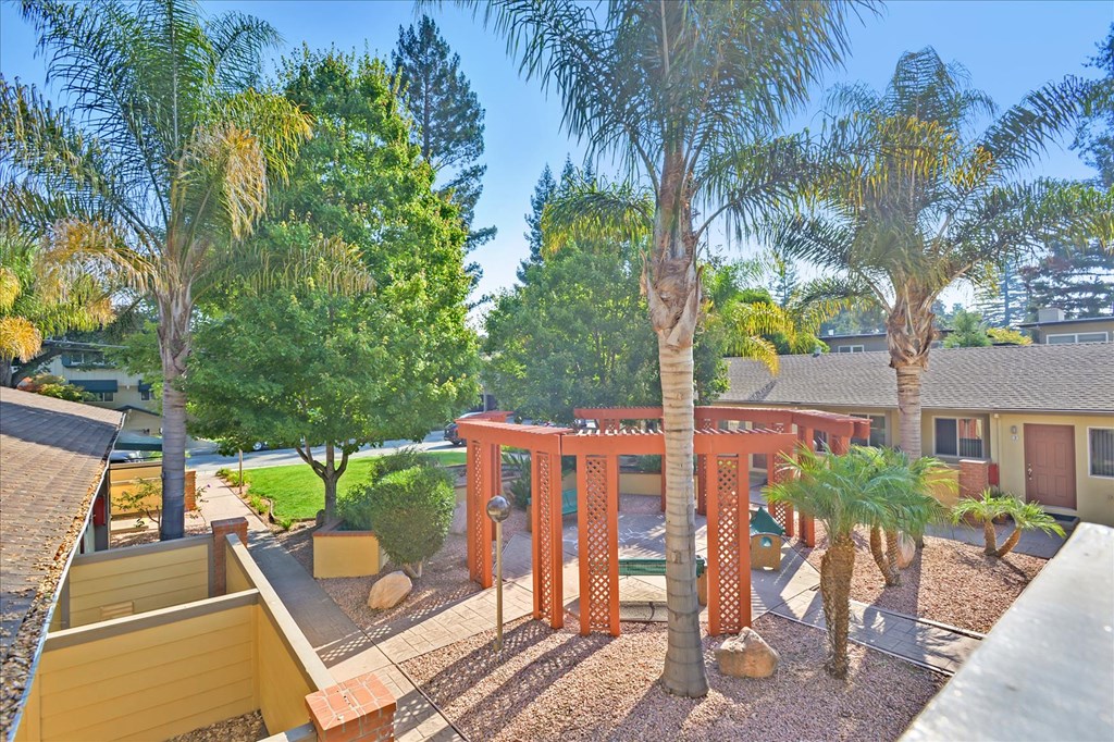 a view of the backyard of a house with trees and a patio