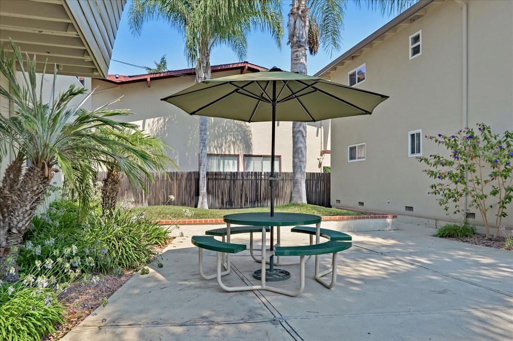 a picnic table with an umbrella in a patio