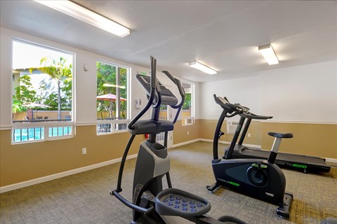 A room with exercise equipment and windows.