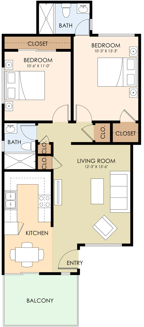 Two Bedroom Two Bath Floor Plan 762 Sq.Ft. at Somerset Place, California, 94043