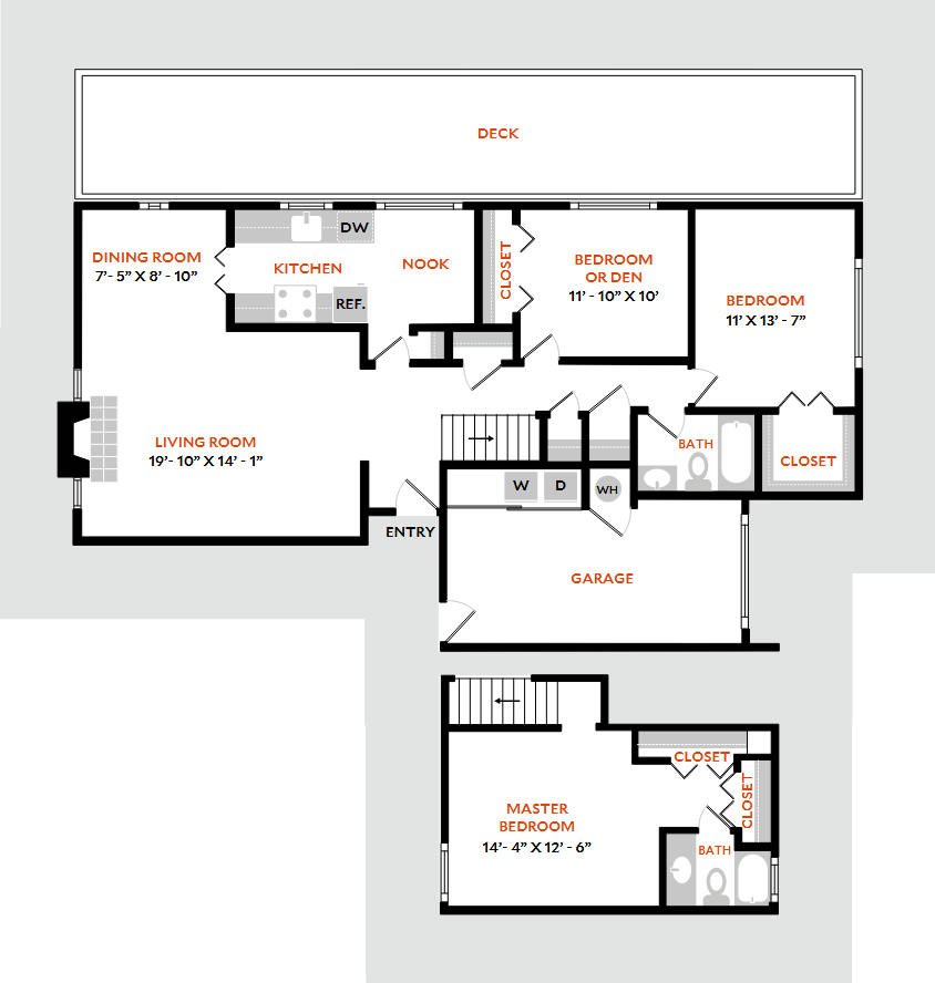 A floor plan of a house with a master bedroom suite and a living room.