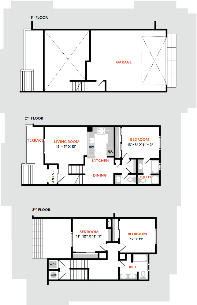 A floor plan of a three-story house with a garage on the first floor.