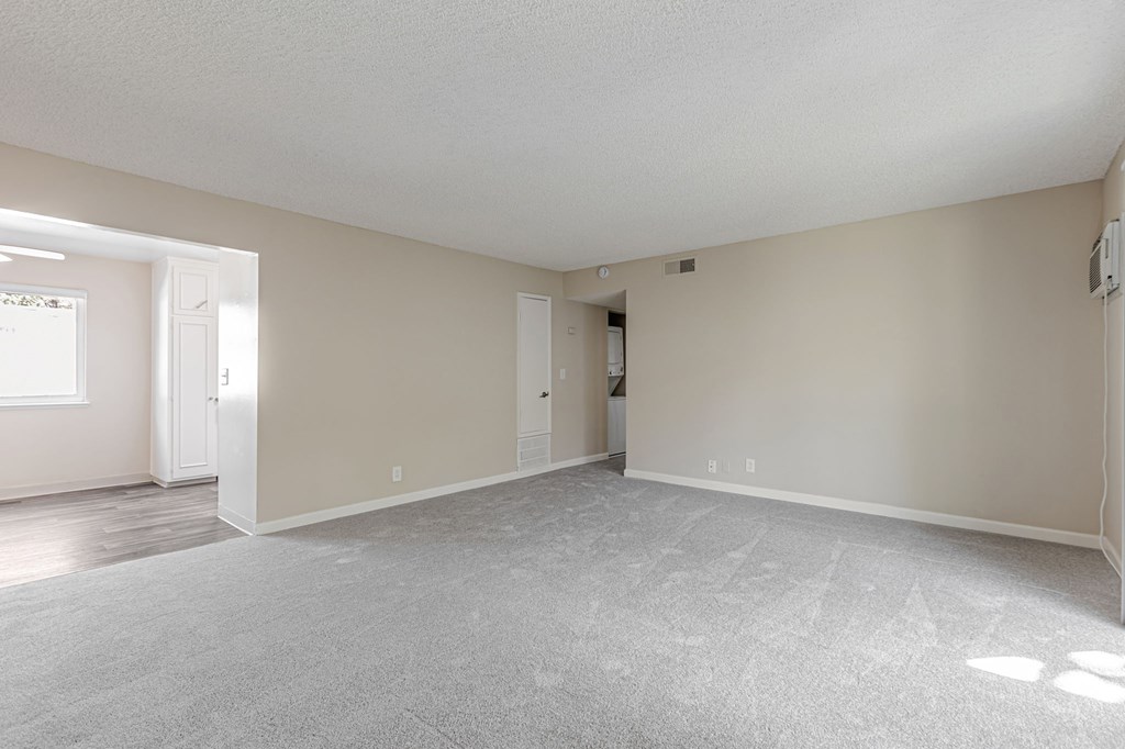 A large, empty room with a carpeted floor and white walls.