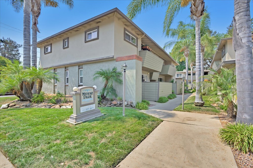 a sidewalk in front of a house with palm trees