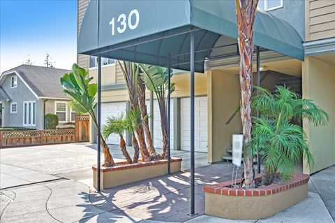 a building with a entrance with palm trees in front of it