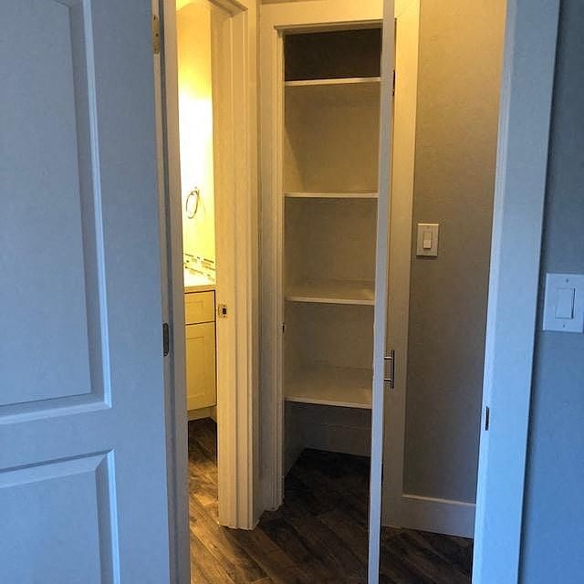 A white door opens to a small pantry with shelves.