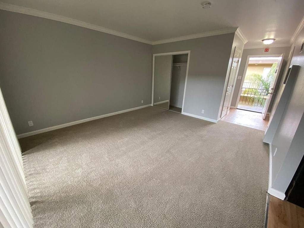 A spacious room with grey carpeting and white walls.