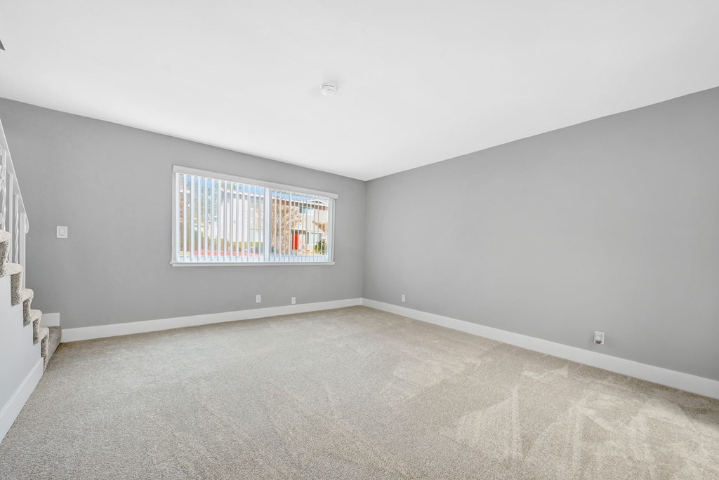A room with a carpeted floor and a window with blinds.