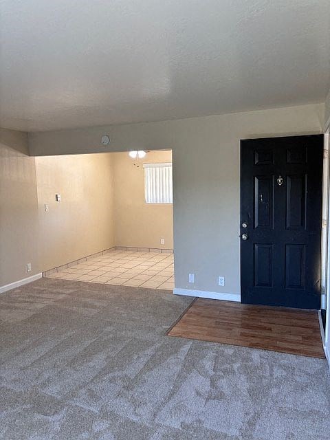 A room with a black door and a window with blinds.