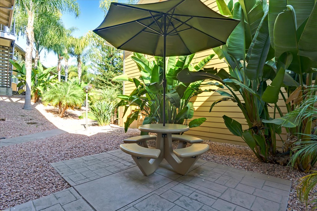 a table with an umbrella on a patio