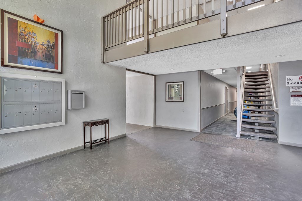 A room with a staircase and a no smoking sign.