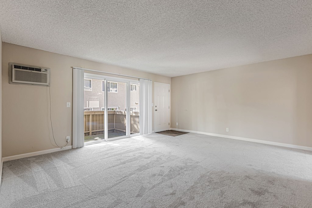A room with a carpeted floor and a sliding glass door leading to a balcony.