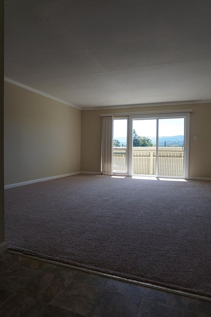 A room with a carpeted floor and a sliding glass door.