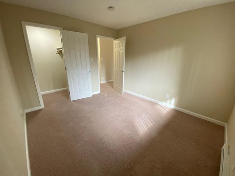a empty room with a carpeted floor and a door to a closet