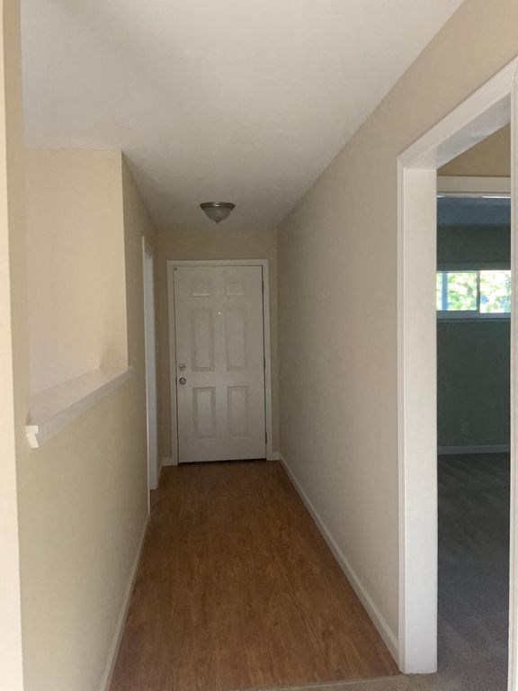 A hallway with a white door and a light on the ceiling.