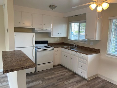 A kitchen with white cabinets and a marble countertop.