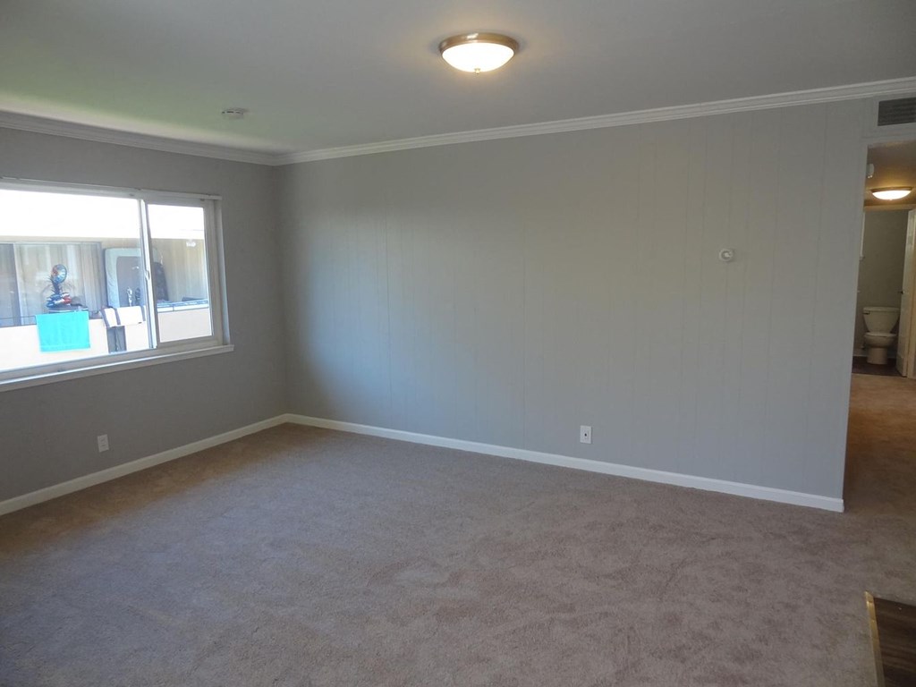 A room with a carpeted floor and a window.