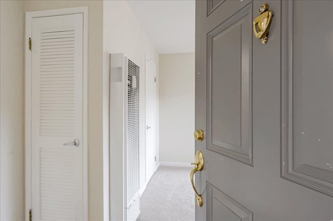 A hallway with a white door on the left and a grey door on the right.