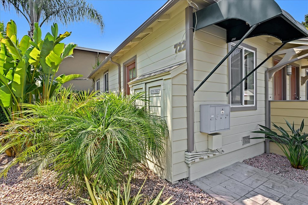 A house with a green awning and a palm tree in front.