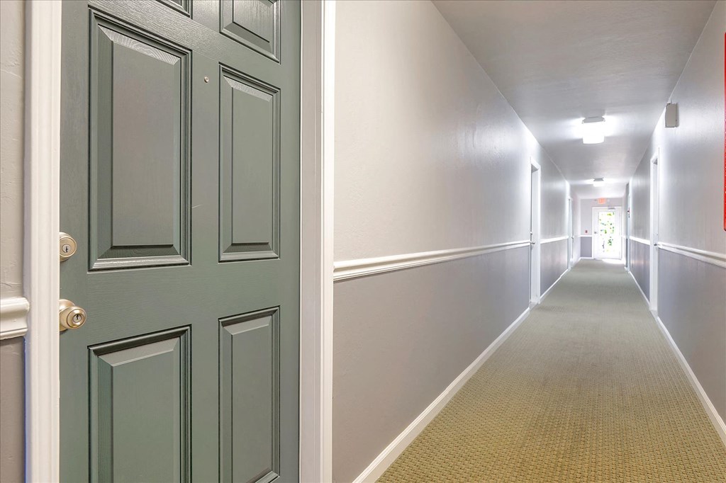 a hallway with a green door and a carpeted floor