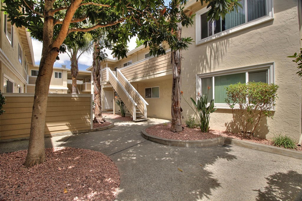 the pathway to the entrance of a building with trees and a staircase