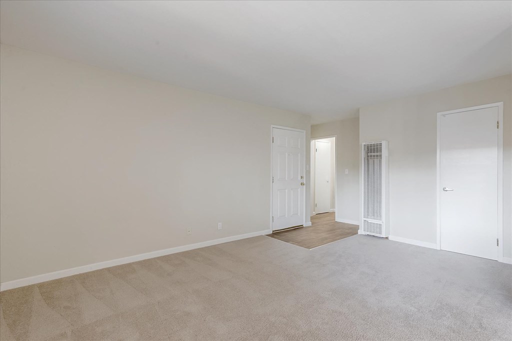 an empty living room with a door to a closet