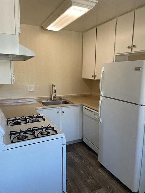A white fridge and stove in a kitchen.