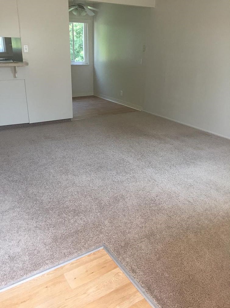 A room with a carpeted floor and a wooden floor in the corner.