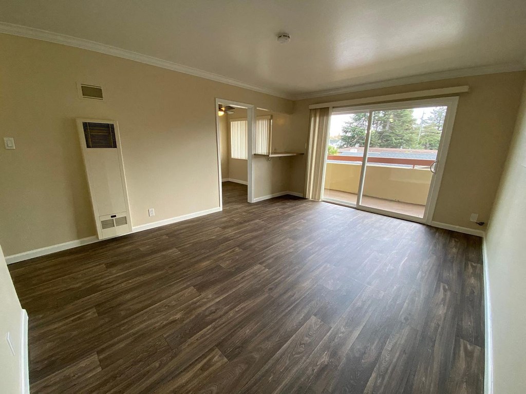 A room with wooden flooring and a sliding glass door.
