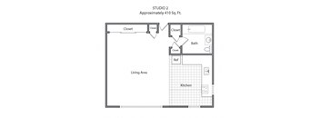 a floor plan of a studio apartment with a bedroom and a living room