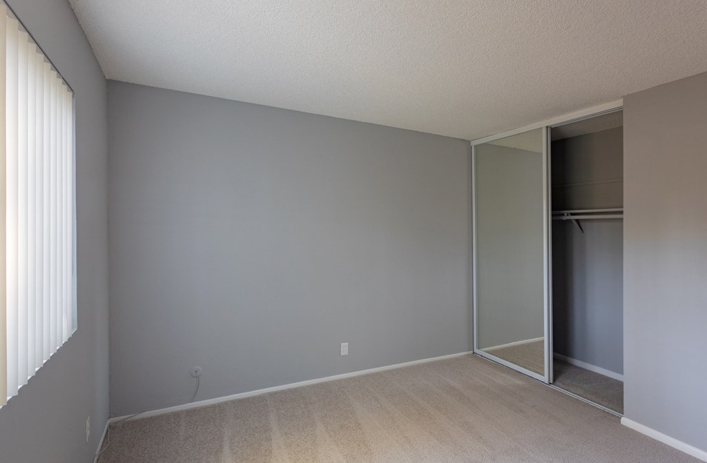 an empty living room with a mirrored closet door