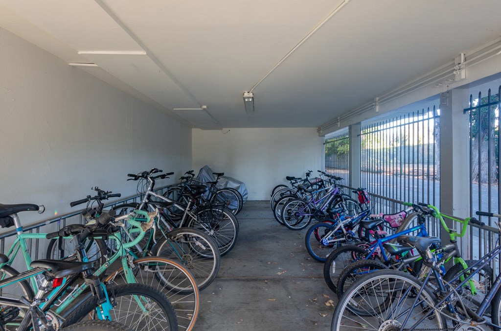 a large group of bikes parked in a room