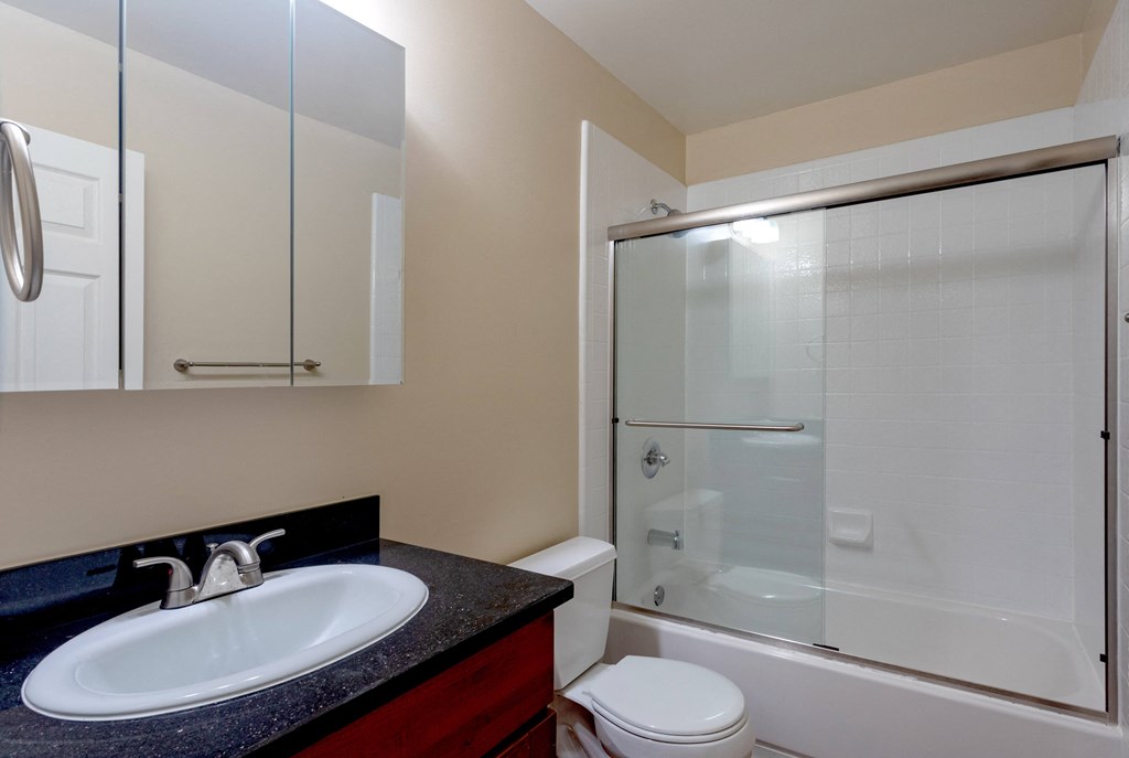 the preserve at ballantyne commons apartment bathroom with sink toilet and shower
