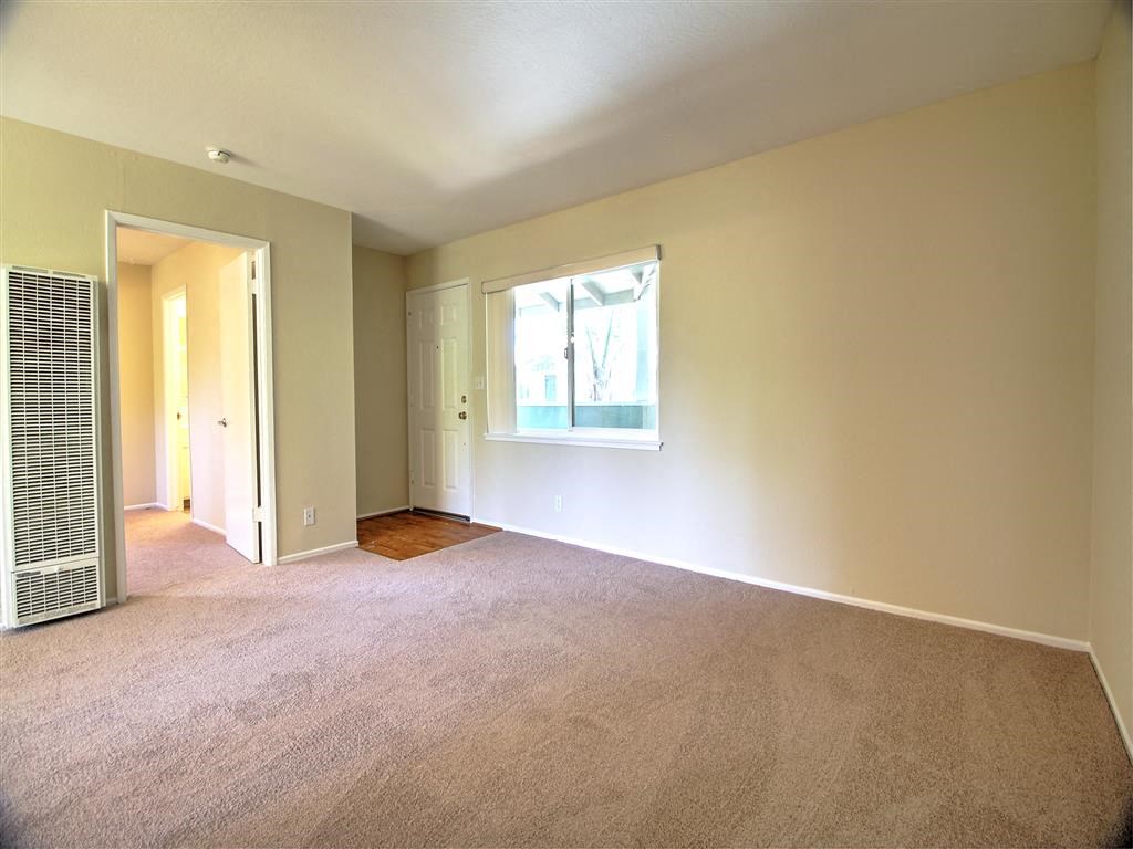 an empty living room with a window and carpet