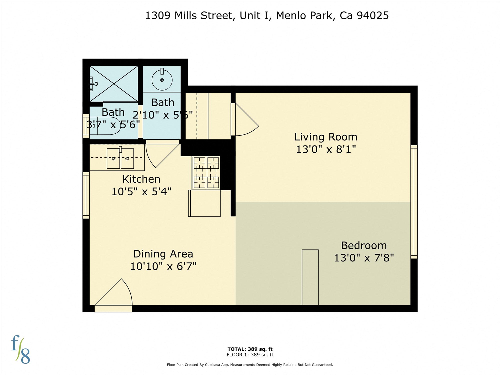 A floor plan for a unit at 1309 Mills Street, Unit I, Menlo Park, Ca 94025 is shown.
