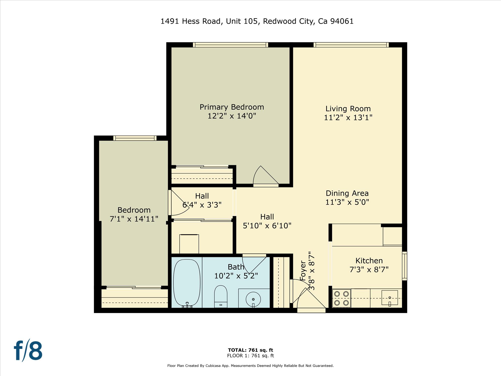 A floor plan for a home at 1491 Hess Road, Unit 105, Redwood City, Ca 94061 is shown.